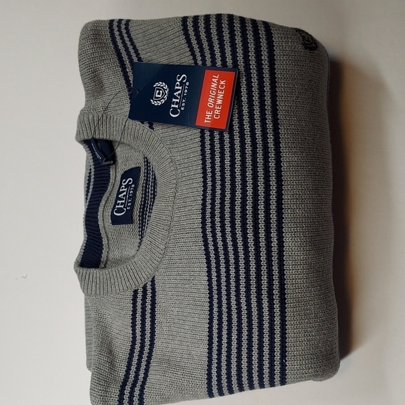 CHAPS Men's Oversized Sweater Size XXL Gray Blue Striped Embroidered Logo NEW - Picture 13 of 13